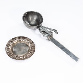 An Embossed Flower Silver Plated Mini Tray And Ice Cream Scooper