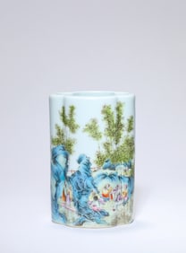 Famille Rose Character with Landscape Pattern Porcelain Pot