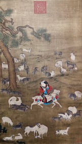 Su Hanchen mark, Chinese Herding Painting, Ink and Color on Silk, Hanging Scroll