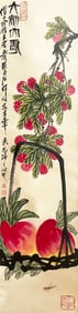 Qi Baishi mark, Chinese Peach (Longevity) Painting, Ink and Color on Paper, Hanging Scroll