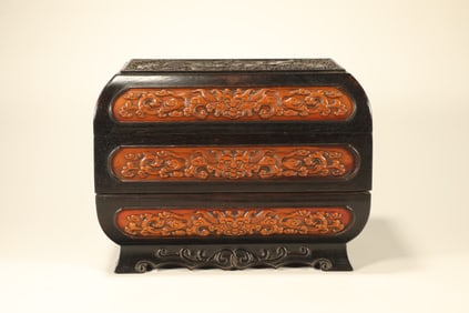 Red Sandalwood Inlaid Boxwood Carved Dragon and Phoenix Pattern Lid Box