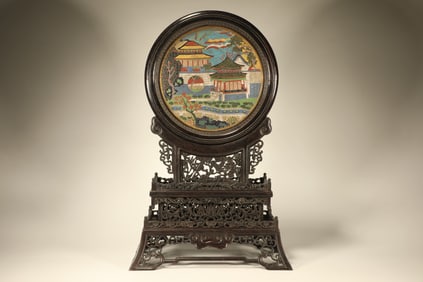 Red Sandalwood Inlaid Bronze Cloisonne Carved Landscape Pattern Table Plaque