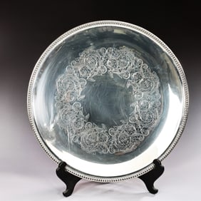 Wilcox Large Silver Plate Round Ornate Serving Tray