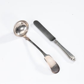 A Silver Plated Toddy Ladle And Knife With Sterling Silver Handle