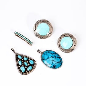 Collection Of Native American Turquoise Earrings, Brooch And Pendants