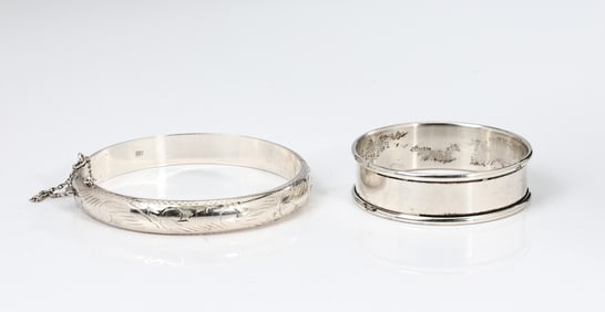 Sterling Silver Engraved Hinged Bangle And Gorham Napkin Ring