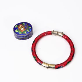 Chinese Cloisonne Enamel Pill Box And Red Flower Hinged Bangle