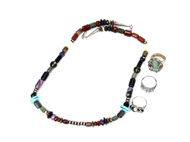 Multigemstone Bead Necklace With Statement Rings