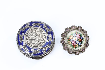 Two Vintage Silver 800 Enamel Trinket Box And Mosaic Silver Brooch