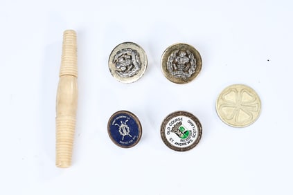 Collectable Items: Buttons, Golf Pins,Brass Coin, Needle Case