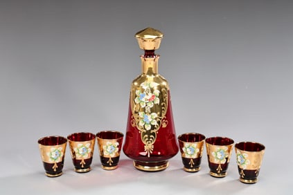 Italian Murano Gilt Red Glass Decanter With 6 Goblets Set
