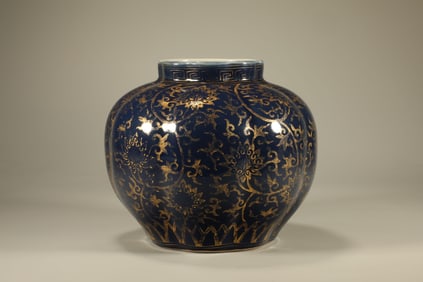 Bright Blue Glazed Gold Drawing Flower Pattern Porcelain Pot
