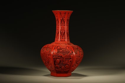 Lacquerware Red Carved Landscape Pattern Vase