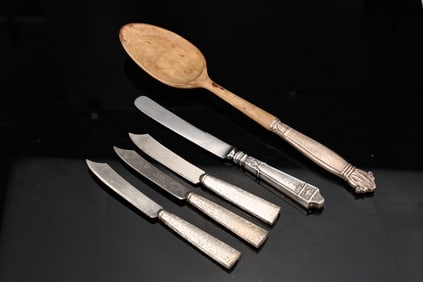 Collection Of Silver Cutlery And Wooden Spoon With Sterling Silver Handle
