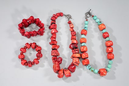 Group Of Chunky Coral Beads And Turquoise Necklaces And Bracelets