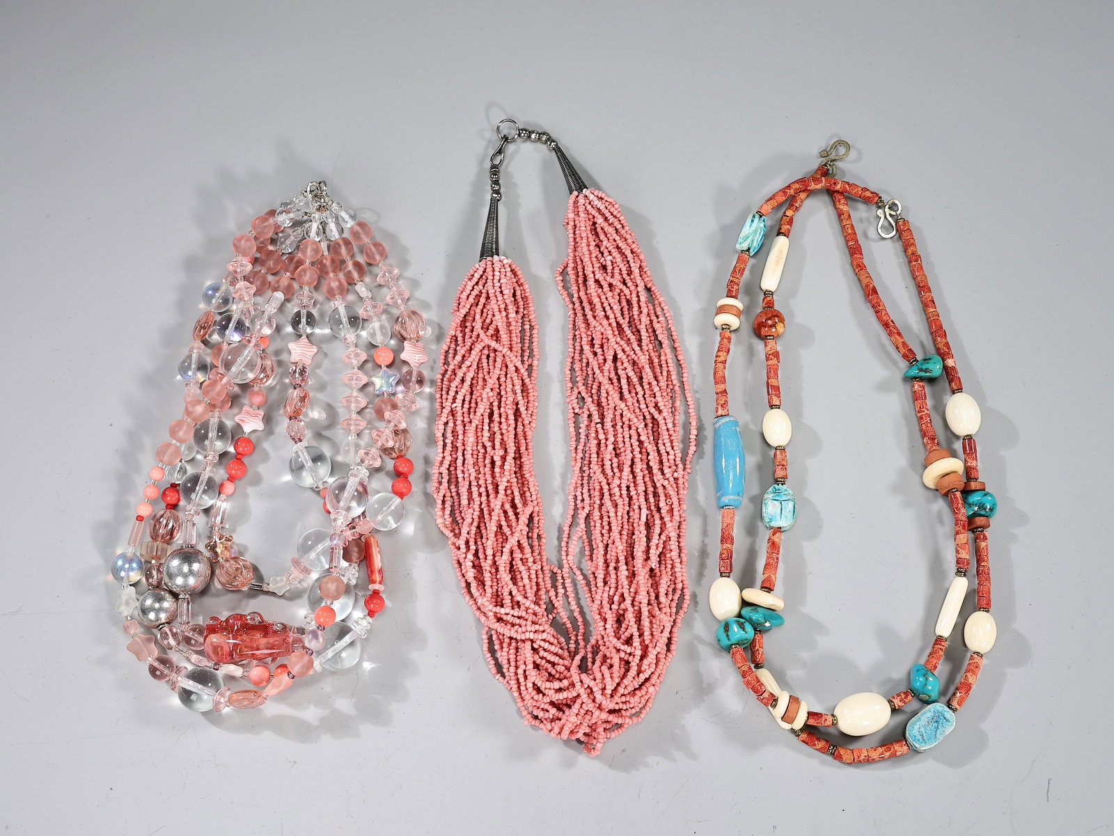 Three Rose Quartz, Pink Beads And Turquoise Multi-Strand Necklaces: Three Rose Quartz, Pink Beads And Turquoise Multi-Strand Necklaces (About 23 x 2 cm more or less)