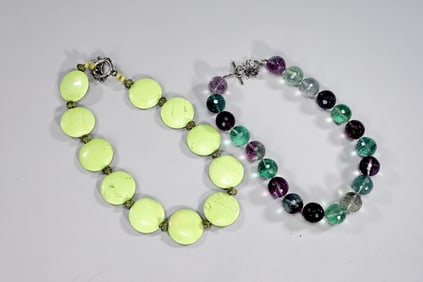 Two Fluorite Green Purple Beads And Green Jasper Necklaces