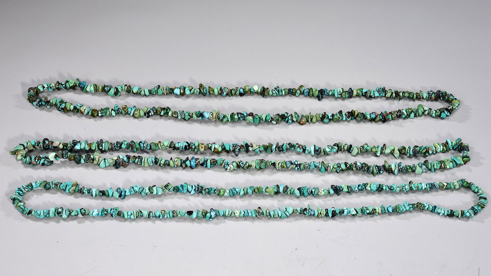 Three Long Natural Turquoise Beaded Necklaces: Three Long Natural Turquoise Beaded Necklaces (43 x 1 cm each)