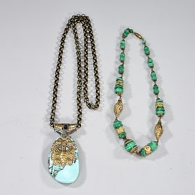 Two Art Deco Art Turquoise And Green Glass Brass Necklaces