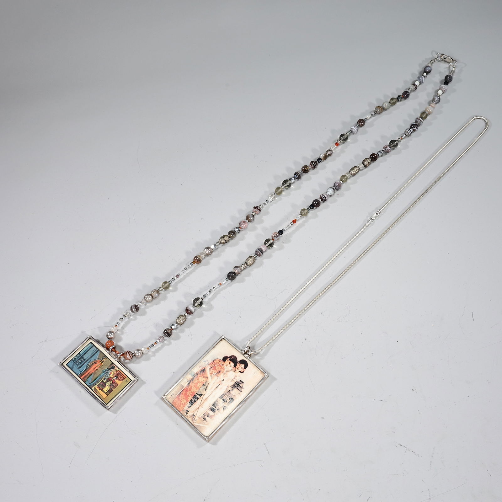 Two Long Sliver Beads Necklaces With Photo Charm: Two Long Sliver Beads Necklaces With Photo Charm (6 x 45 cm more or less)