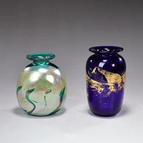 Two Iridescent Green And Blue Glass Vases