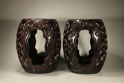 Pair of Lacquerware Carved Cloud Pattern Stool