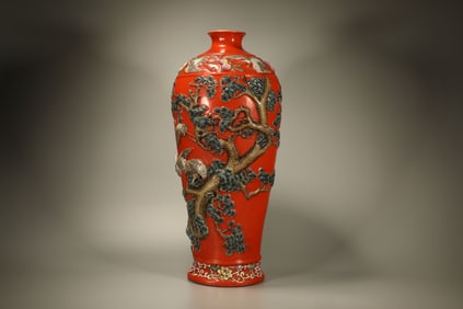 Red Glazed Crane and Pine Tree Pattern Porcelain Vase