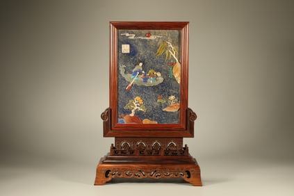 Huanghuali Wood Inlaid Lapis and Gem Stone Carved Character Story Pattern Table Plaque