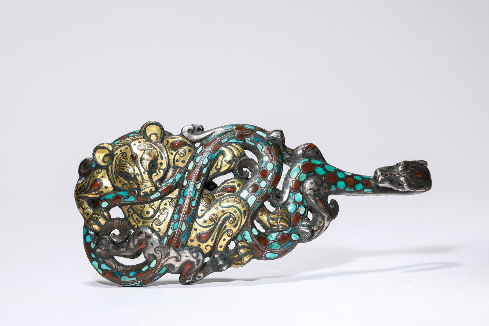 Chinese Bronze Gold and Silver Inlaid Carved Dragon Shape Belt Hook (1 of 6)