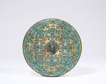 Chinese Bronze Gold and Silver Inlaid Green Turquoise Carved Beast Face Pattern Mirror