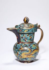 Bronze Cloisonne Carved Flower and Dragon Pattern Monk Hat Teapot