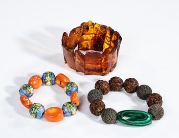Chunky Baltic Amber, Malachite, Enamel, Beads Bracelets