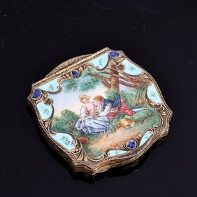 Vintage French Silver 800 Compact With Handpainted Enamel Courting Couple