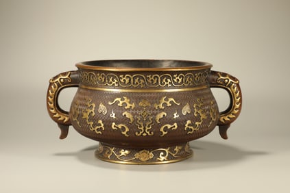 Gilt Bronze Carved Beast Face Pattern Double Ears Incense Burner