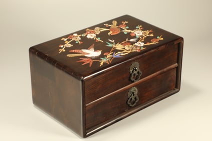 Red Sandalwood Inlaid Gem Stone Carved Magpie with Plum Flower Pattern Lid Box