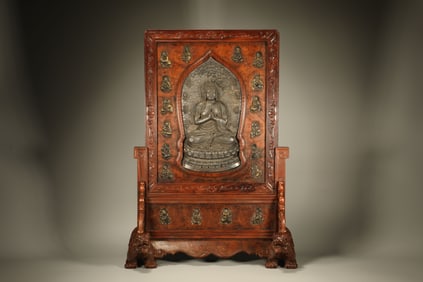 Huanghuali Wood Inlaid Bronze Carved Sakyamuni and Buddhist Sutras Pattern Table Plaque