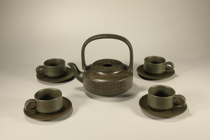 Group of Five Purple Clay Carved Plum Flower and Poetry Pattern Teapot and Cup