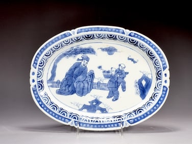Chinese Blue And White Porcelain Figure Oval Plate