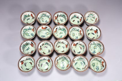 Collection Of Hand Painted Chinese Red Rooster Porcelain Cups Set Of 20