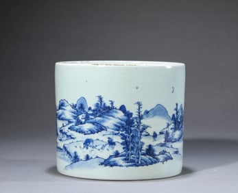 Blue and White Landscape and Character Story Pattern Porcelain Brush Pot
