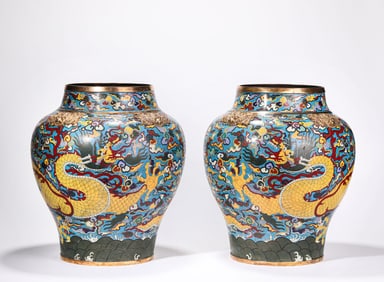 Pair of Bronze Cloisonne Carved Dragon Pattern Pot