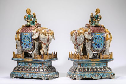Pair of Bronze Cloisonne Carved Flower and Bat Pattern Elephant Shape Figure