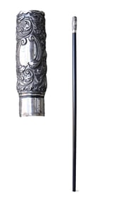 Gentleman's Walking Stick Cane With Sterling Silver Embossed Mounted