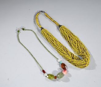 Yellow Seed Bead Multiple Stand And Mixed Stone Necklaces