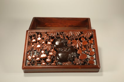 Huanghuali Wood Inlaid Red Sandalwood Carved Gourd Pattern Lid Box