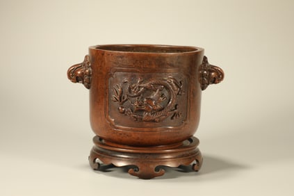 Bronze Carved Dragon Pattern Double Lion Ears Incense Burner