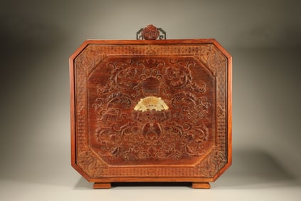 Huanghuali Wood Inlaid Jade Carved Flower and Eight Treasure Pattern Lid Box