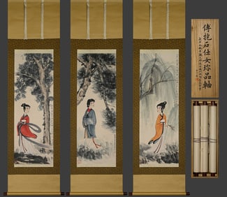 Group of Three Chinese Drawing Beauty Painting,Fu Baoshi Mark