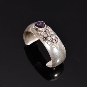 Navajo Secatero Sterling Silver Purple Amethyst Gemstone Bangle Bracelet