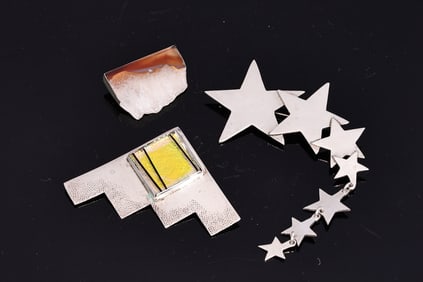 Three Modernist Geometric Agate Stars Sterling Silver Brooches